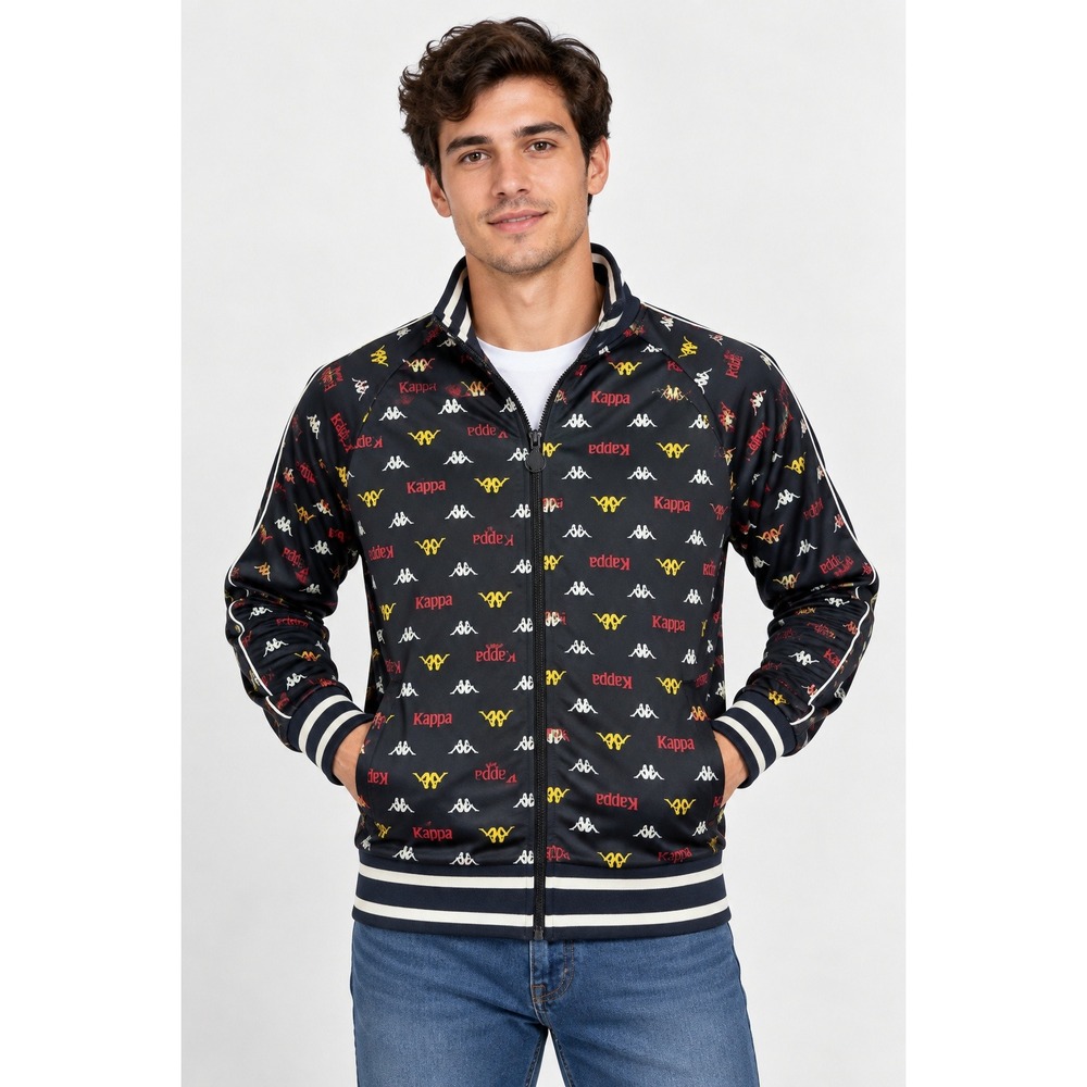 Kappa Mens L Black All Over Logo Print Full Zip Track Jacket Striped Trim